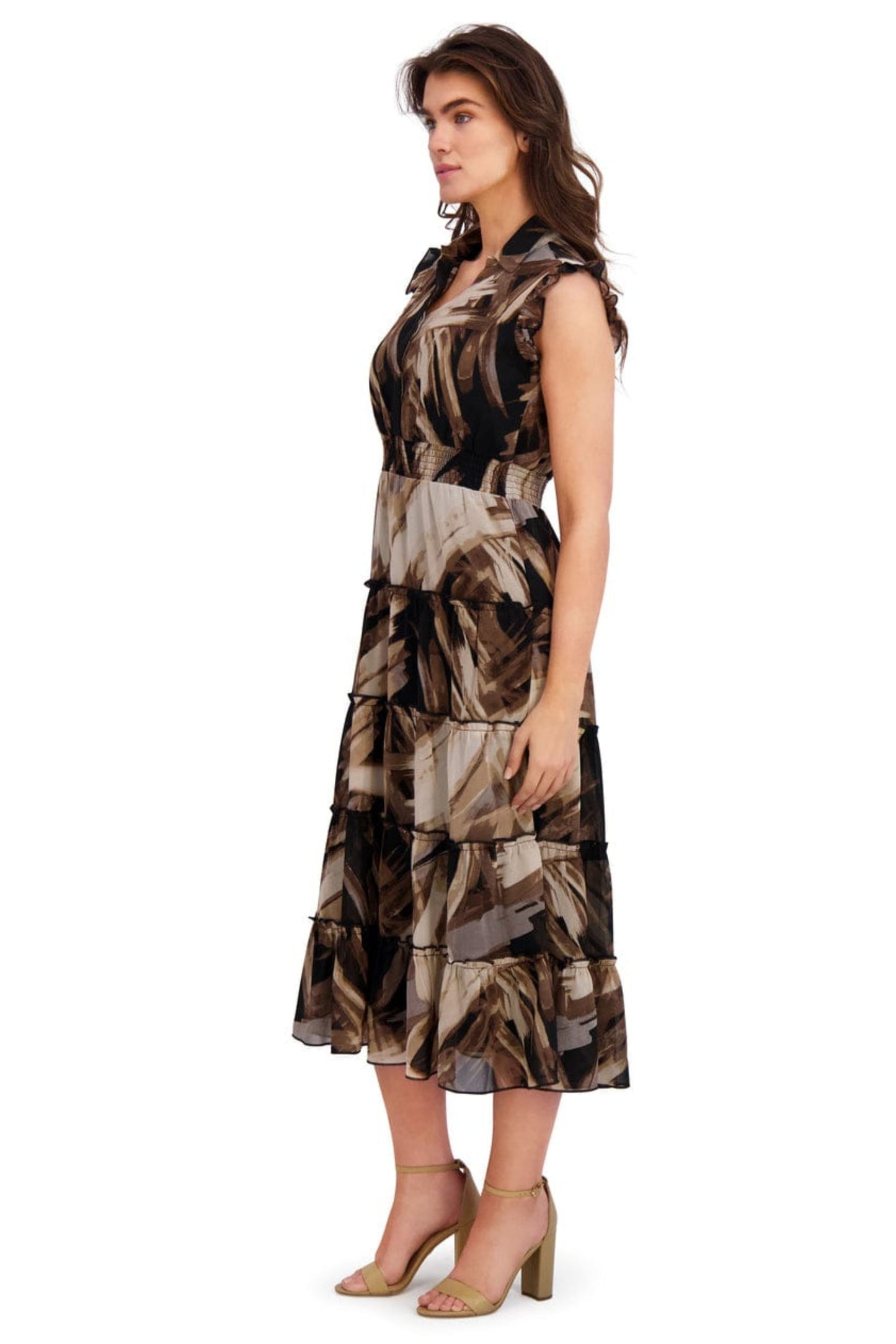 London Times Multi Color Tiered A-Line Midi Dress