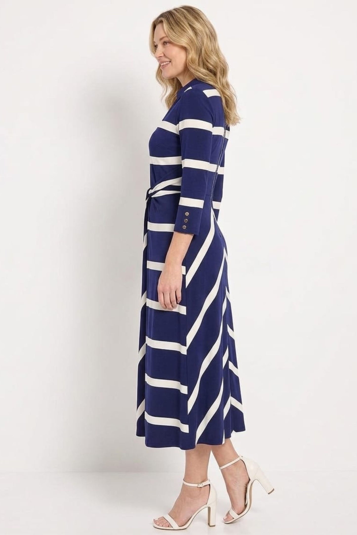 London Times Navy Ivory Striped Twisted-Waist Midi Dress