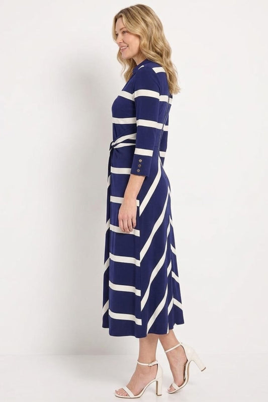 London Times Navy Ivory Striped Twisted-Waist Midi Dress