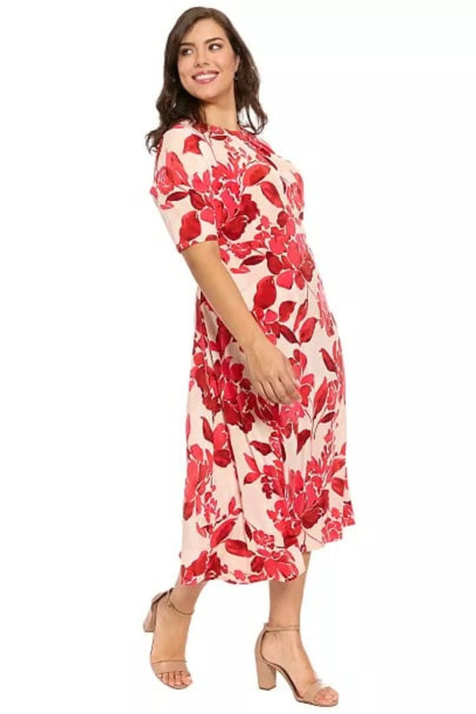 London Times Ivory & Red Floral Keyhole Midi Dress