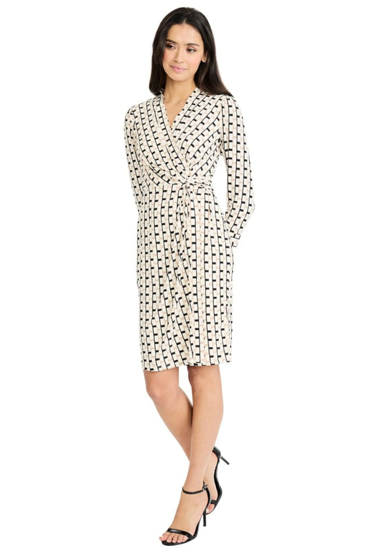 London Times Geometric Print Faux-Wrap Sheath Dress