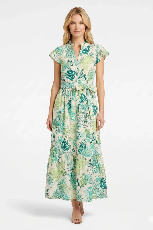 London Times Coral Print Tiered Midi Dress