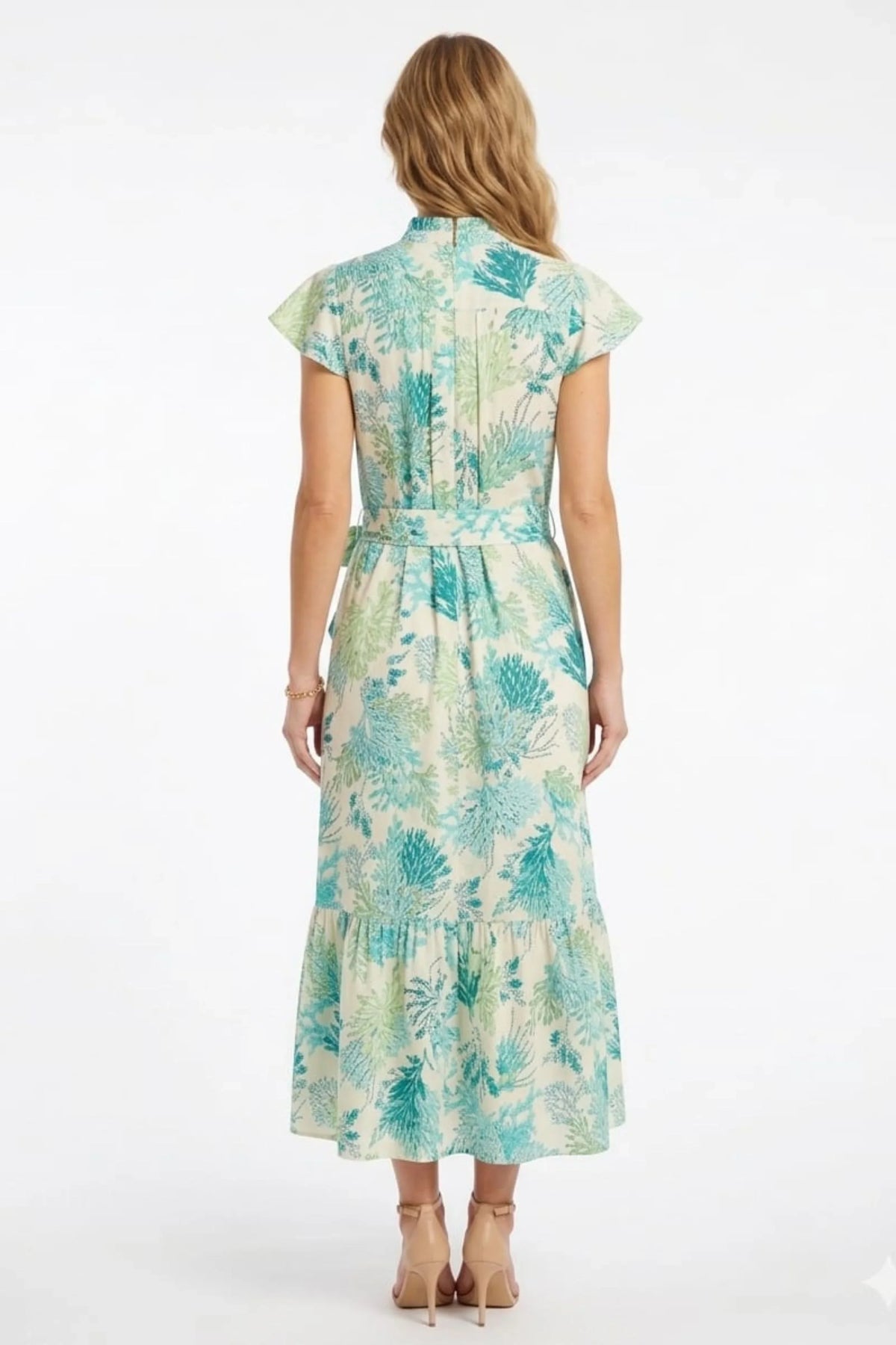 London Times Coral Print Tiered Midi Dress