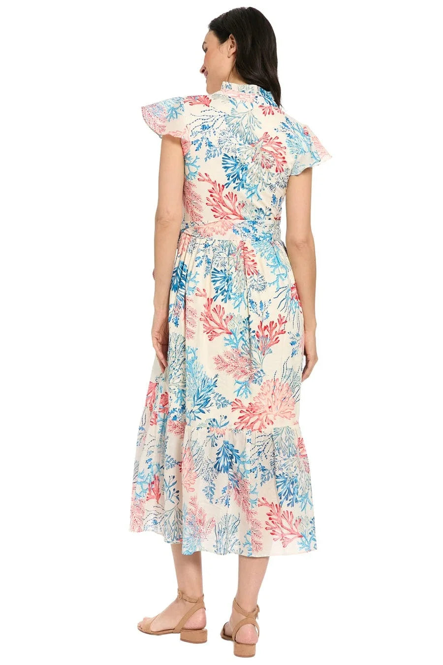 London Times Coral Print Tiered Midi Dress