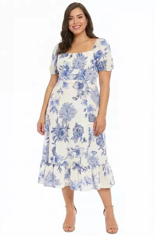 London Times Linen Floral Puff-Sleeve Midi Dress
