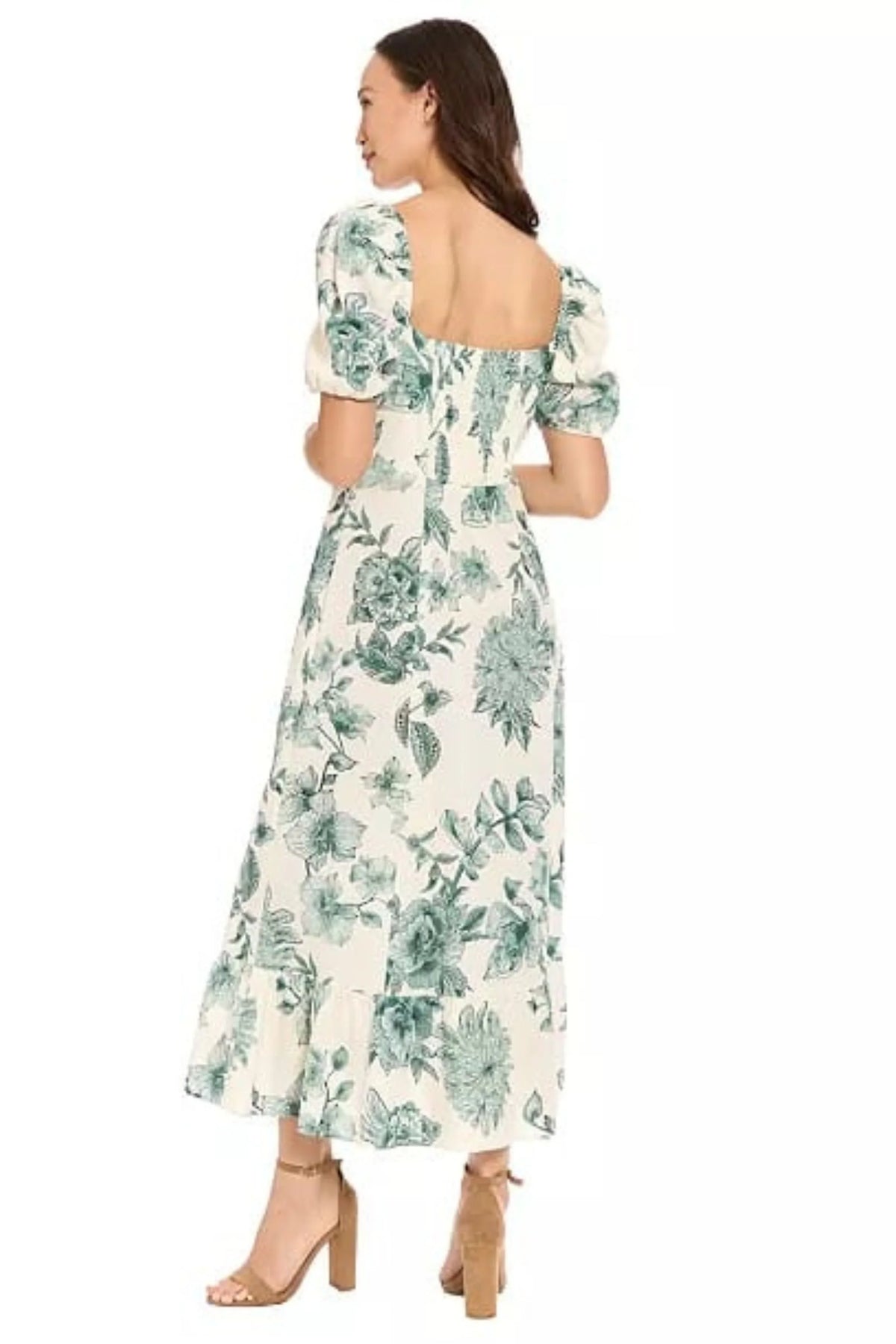 London Times Linen Floral Puff-Sleeve Midi Dress