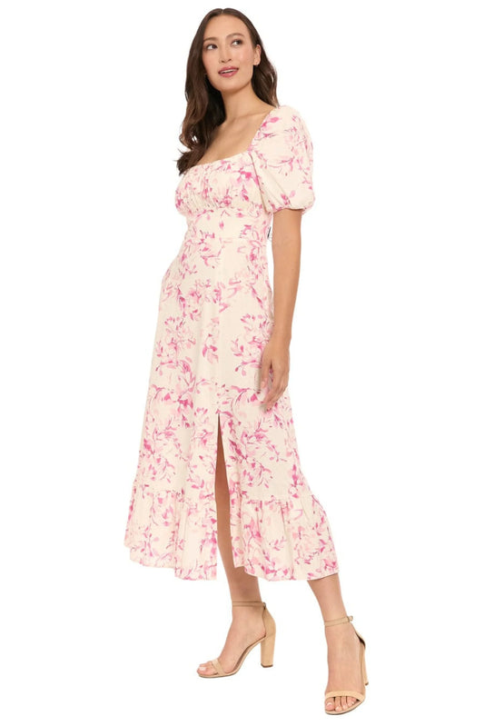 London Times Linen Floral Puff-Sleeve Midi Dress