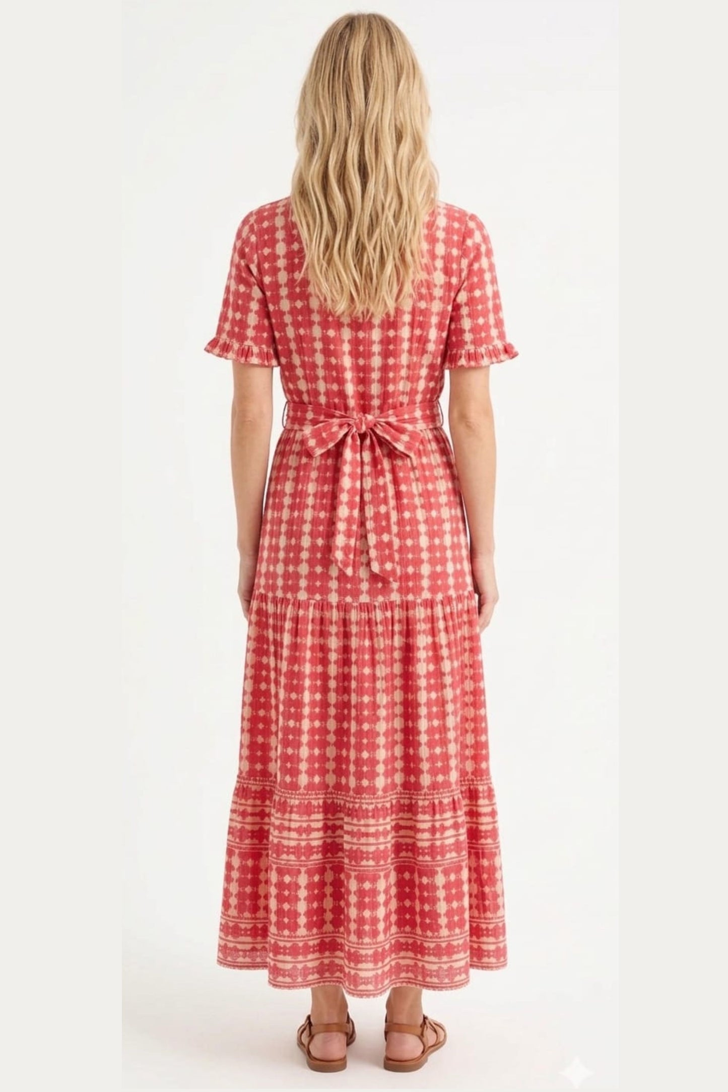 London Times Red & White Geometric Ruffle-Neck Maxi Dress