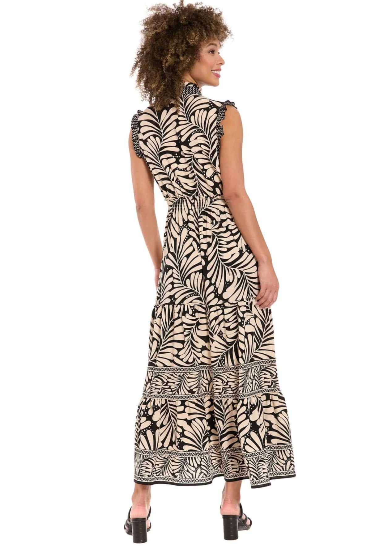 London Times Black & Cream Palm Leaf Ruffled Maxi Dress