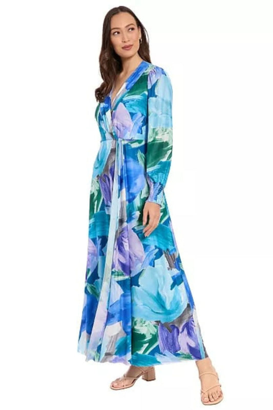 London Times Blue & Lavender Abstract Floral Maxi Dress