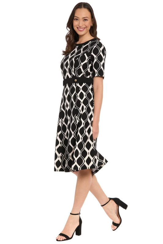London Times Geometric Fit-and-Flare Dress