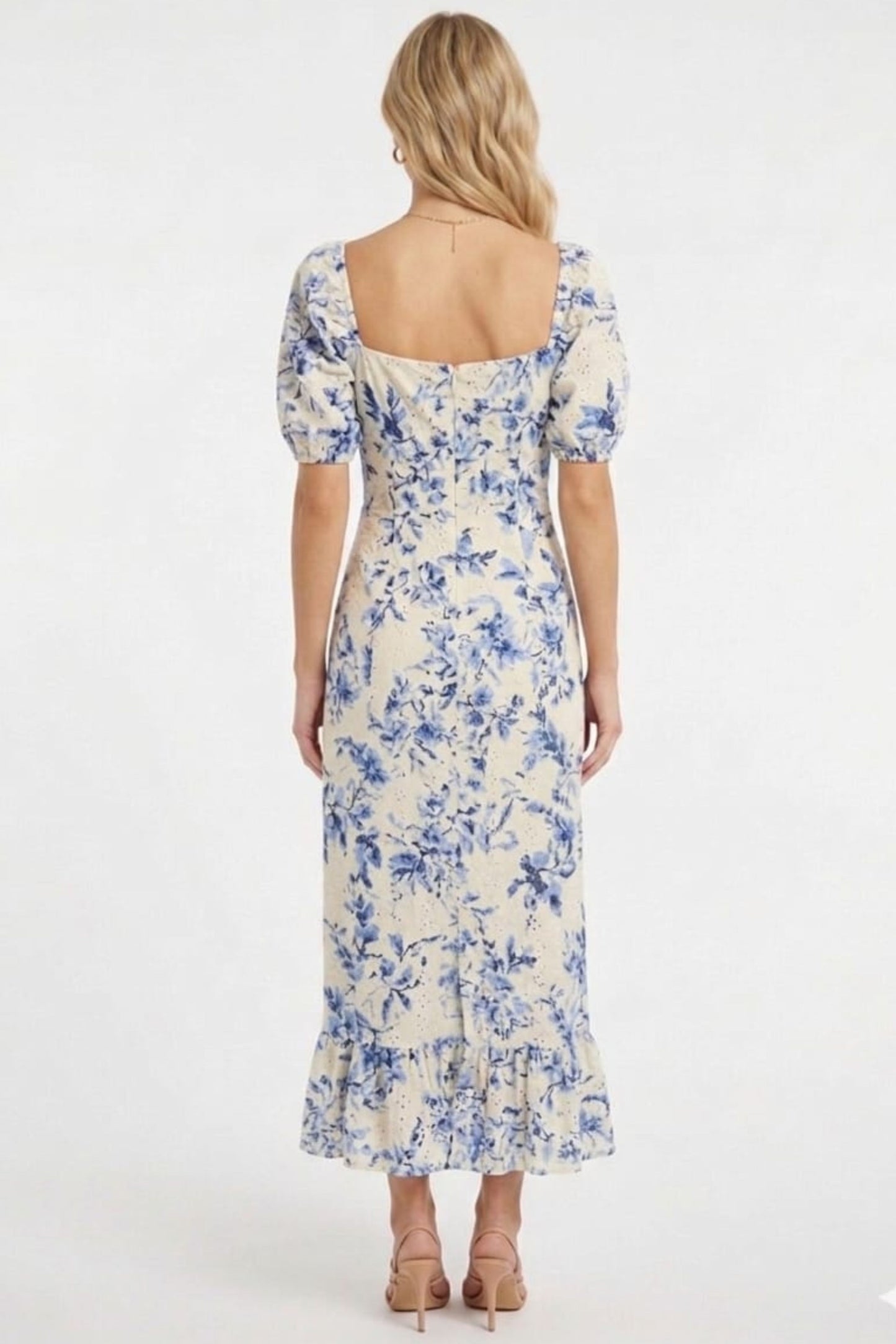 London Times Floral Pointelle Puff-Sleeve Midi Dress