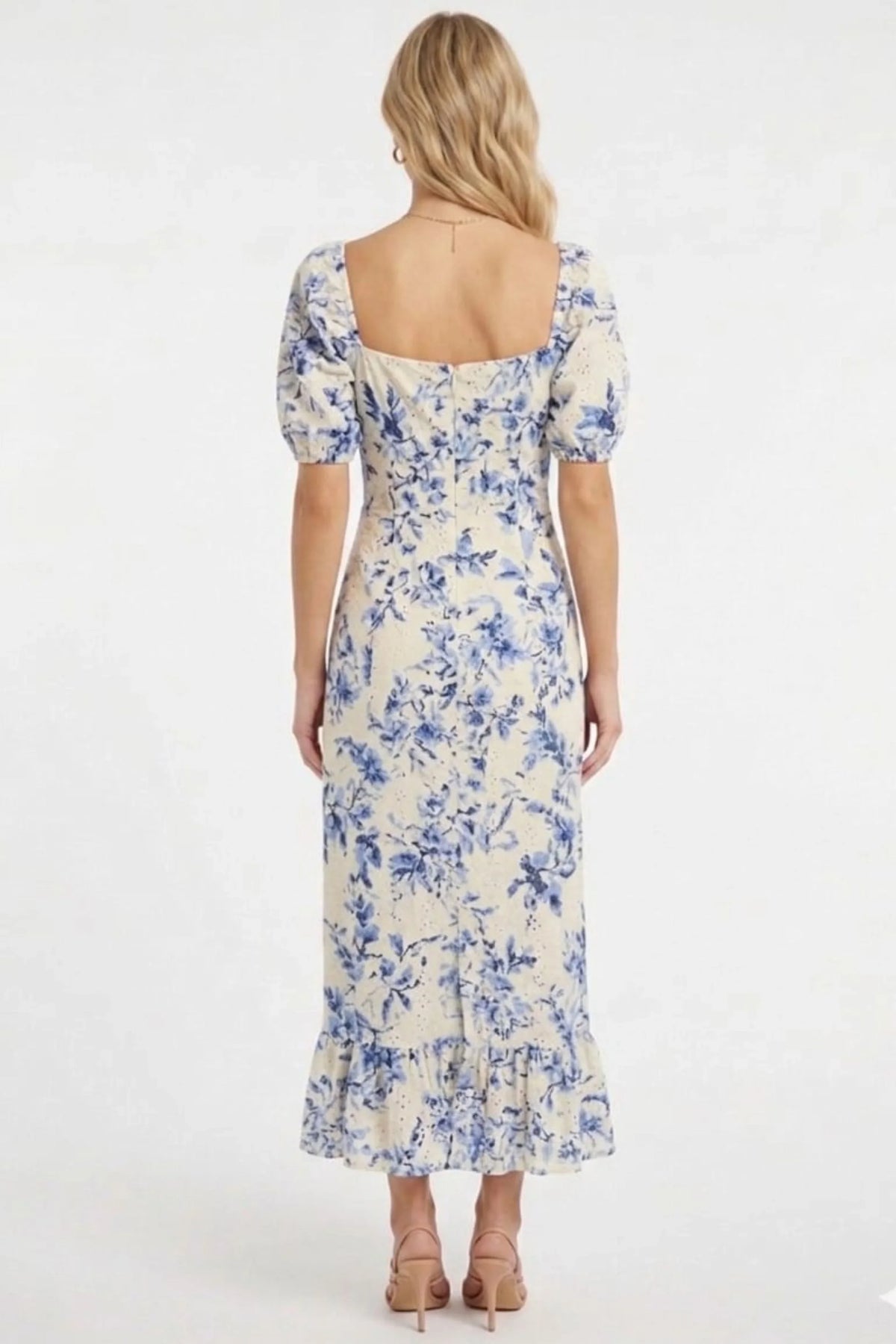 London Times Floral Pointelle Puff-Sleeve Midi Dress