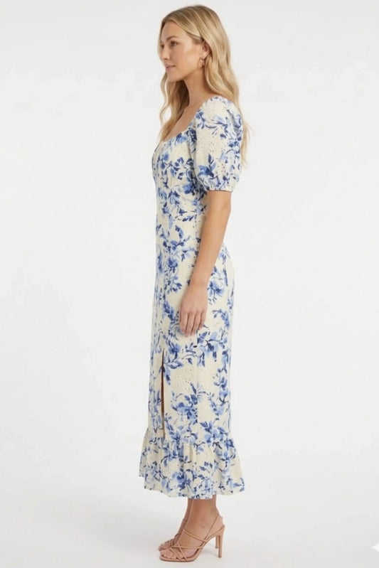 London Times Floral Pointelle Puff-Sleeve Midi Dress