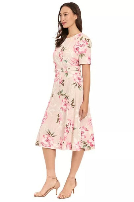 London Times Sand Rose Floral Scuba Crepe Fit-and-Flare Dress