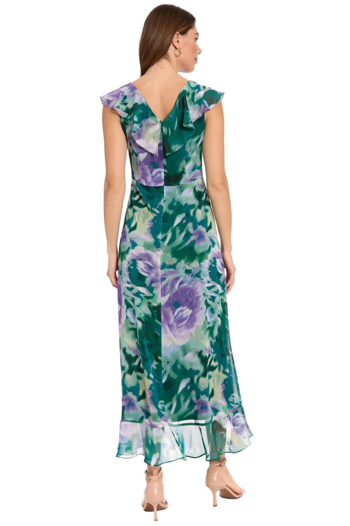 Maggy London Orchid & Teal Floral Ruffle Chiffon Midi Dress