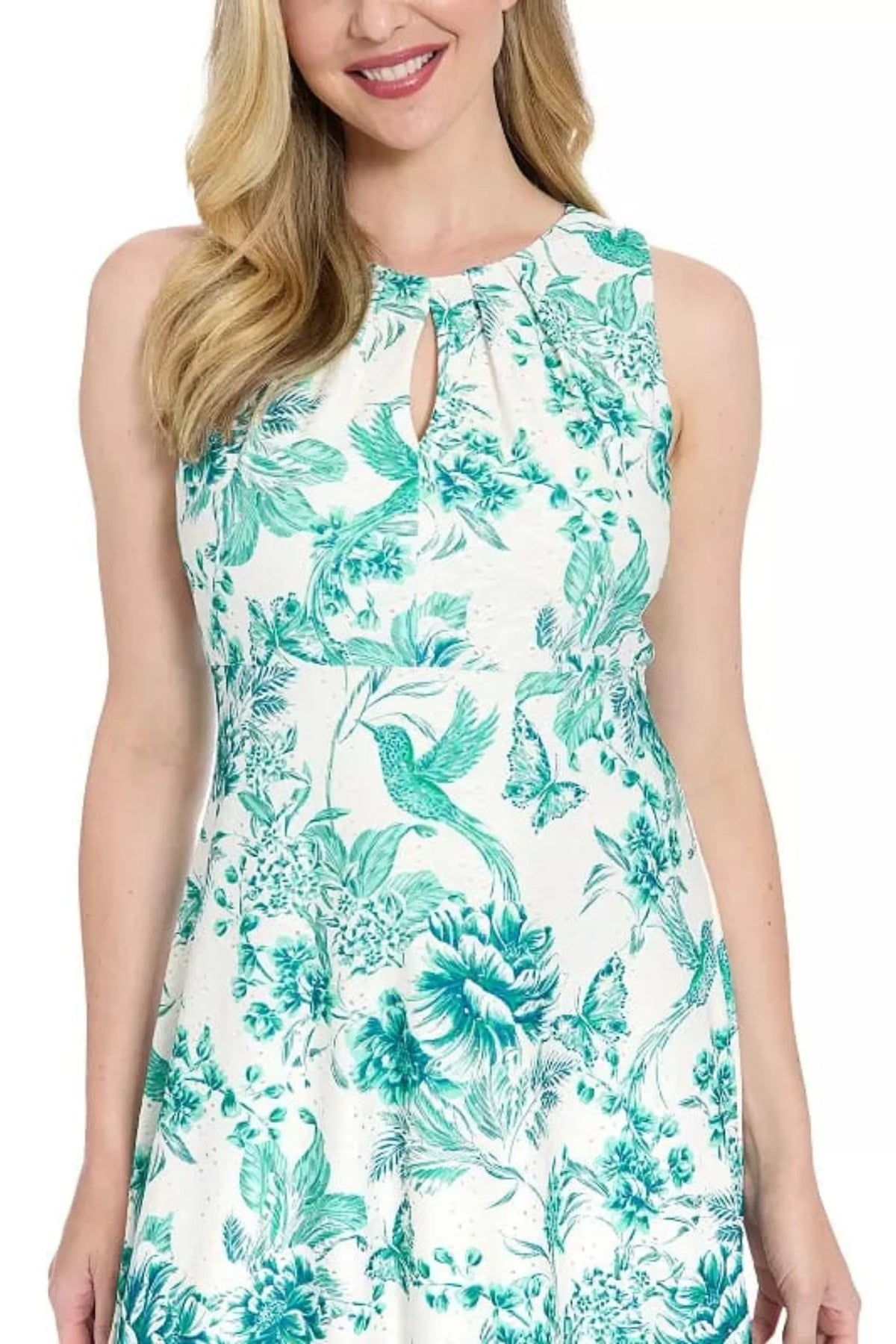London Times Soft White & Teal Floral Pointelle Midi Dress