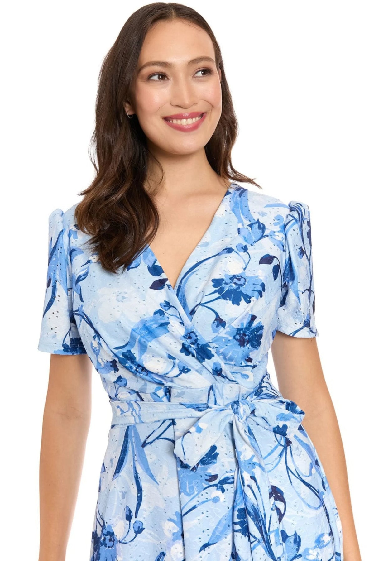 London Times Floral Pointelle Faux Wrap Midi Dress T10497M