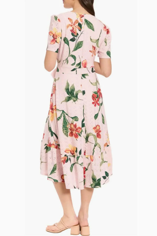 London Times Floral Pointelle Faux Wrap Midi Dress