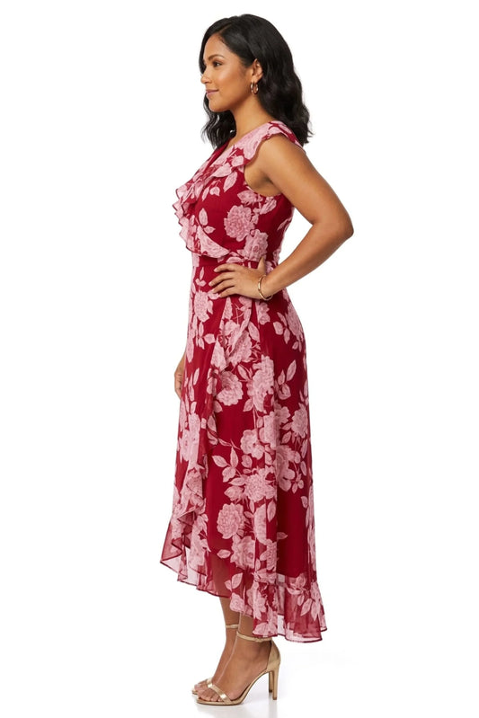 London Times Floral Print Ruffle Detail Maxi Dress