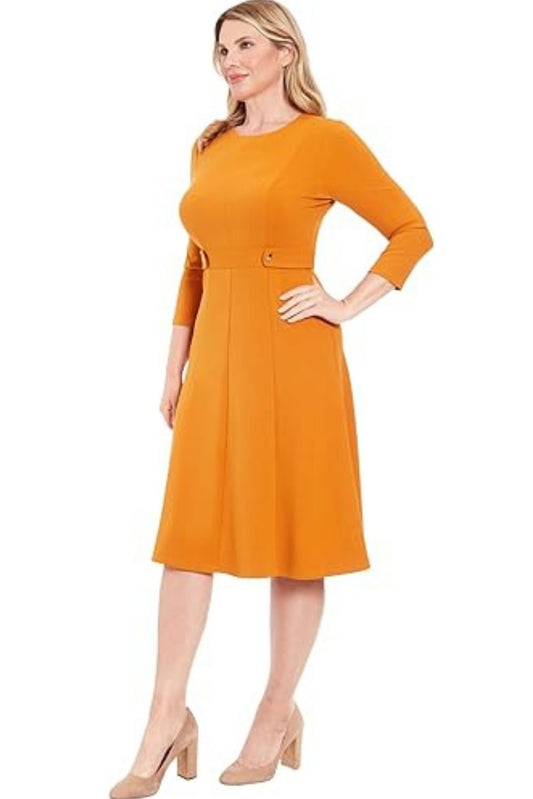 London Times 3/4 Sleeve Button-Waist A-Line Dress