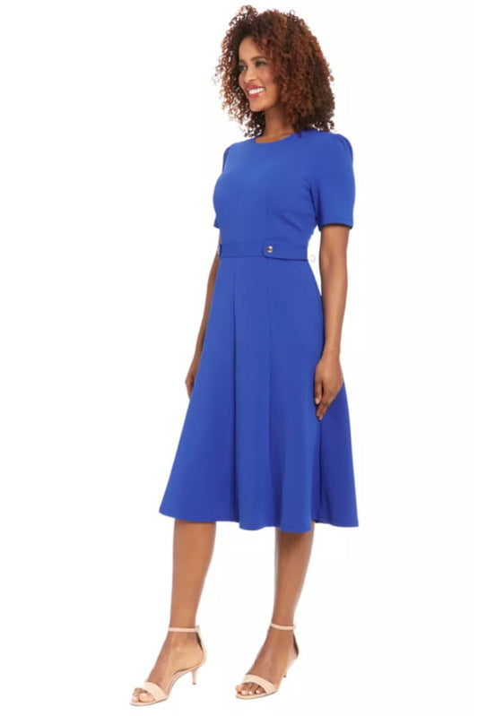 London Times Short-Sleeve Button Waist Midi Dress