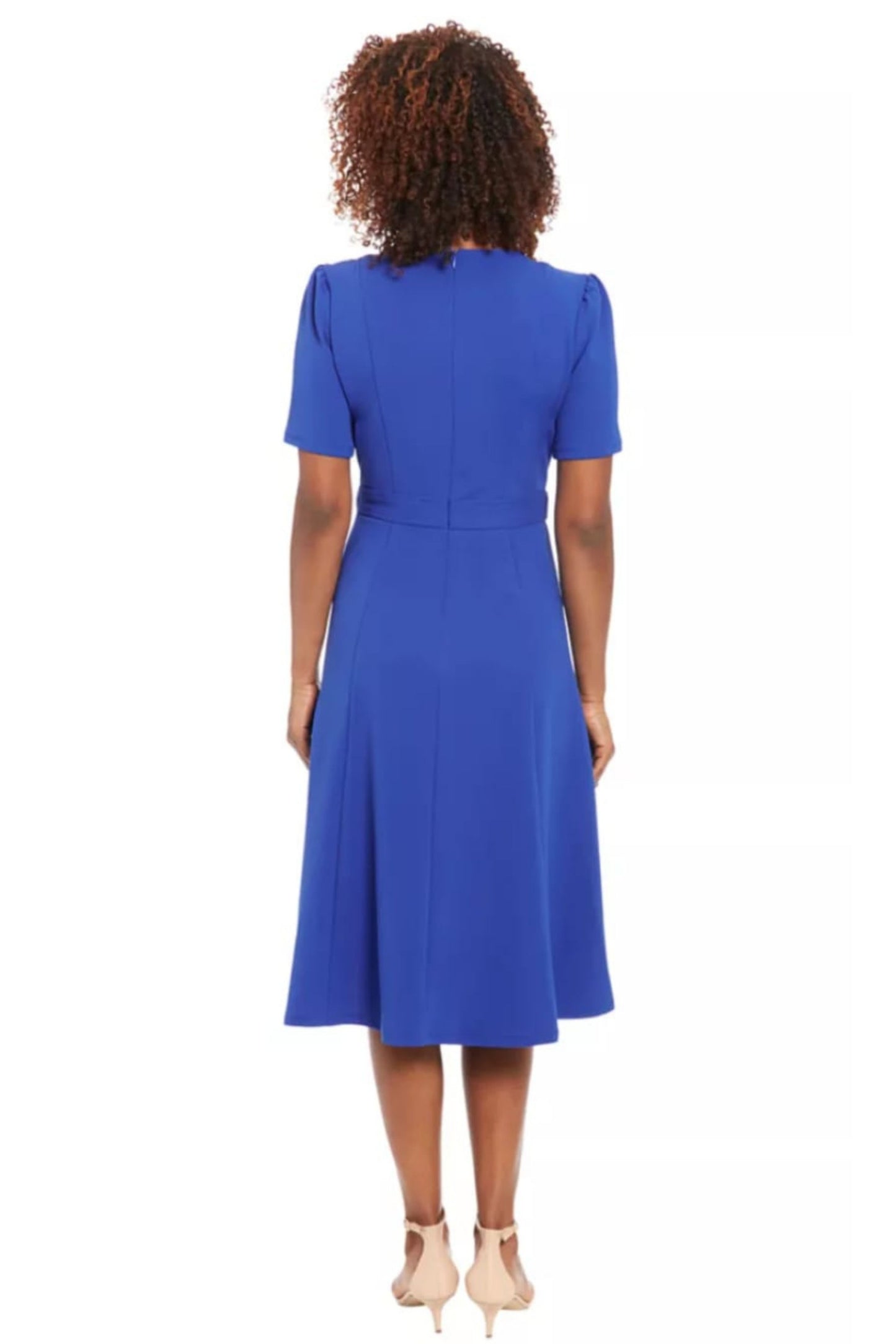 London Times Short-Sleeve Button Waist Midi Dress