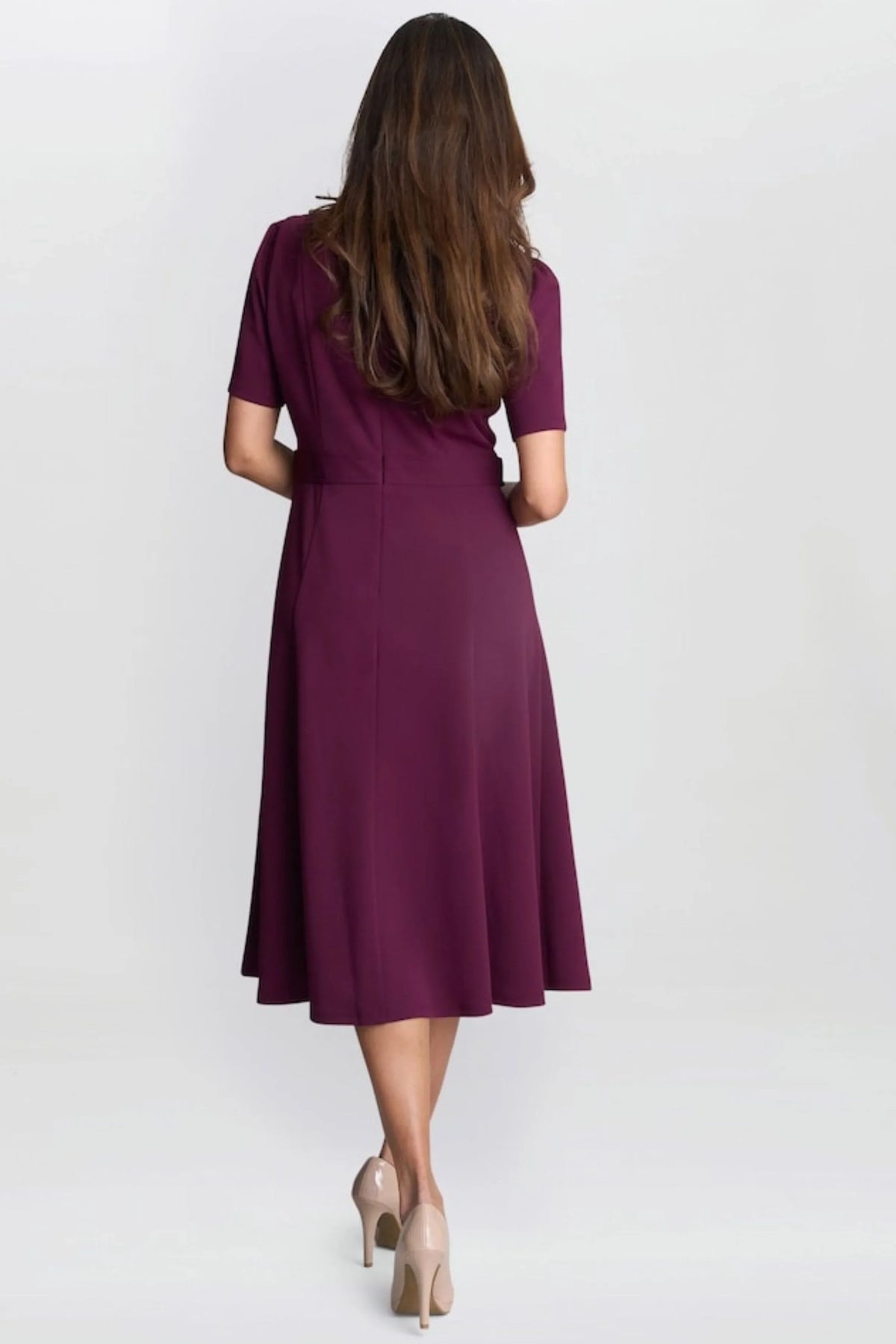 London Times Short-Sleeve Button Waist Midi Dress