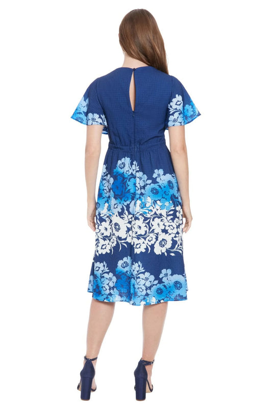 London Times Flower Print A-Line Midi Dress