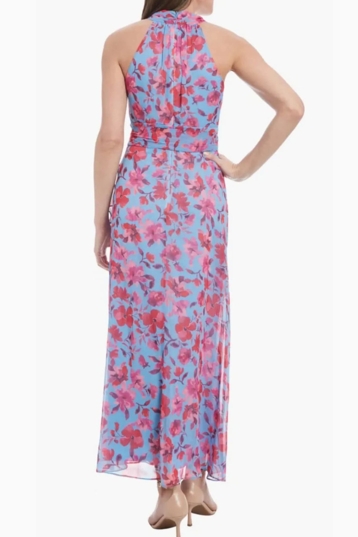 London Times Chiffon Floral Ruffled Faux-Wrap Maxi Dress