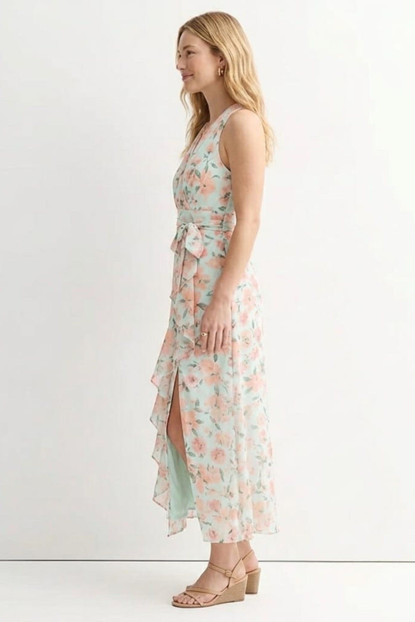 London Times Chiffon Floral Ruffled Faux-Wrap Maxi Dress