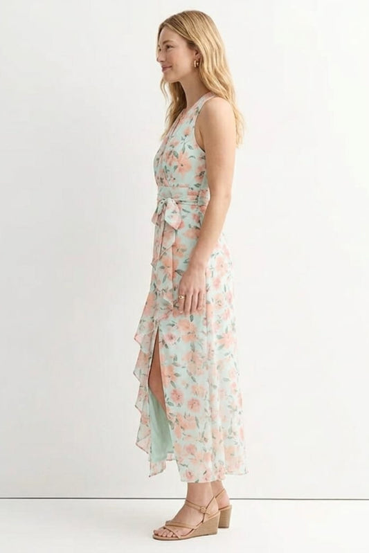 London Times Chiffon Floral Ruffled Faux-Wrap Maxi Dress