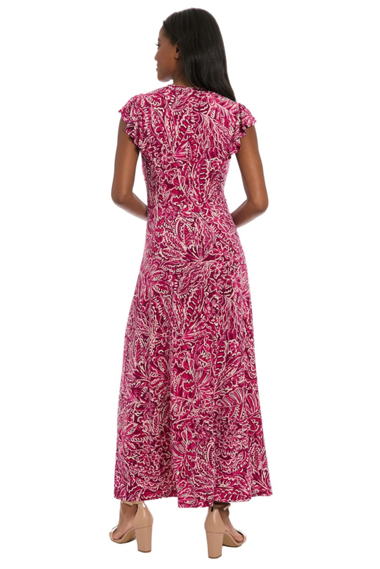 London Times Plum & Pink Floral Smocked Maxi Dress