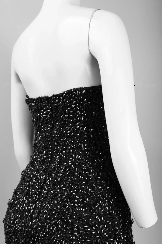 Theia Strapless All Over Rhinestone and Bead Detail Mesh Dress