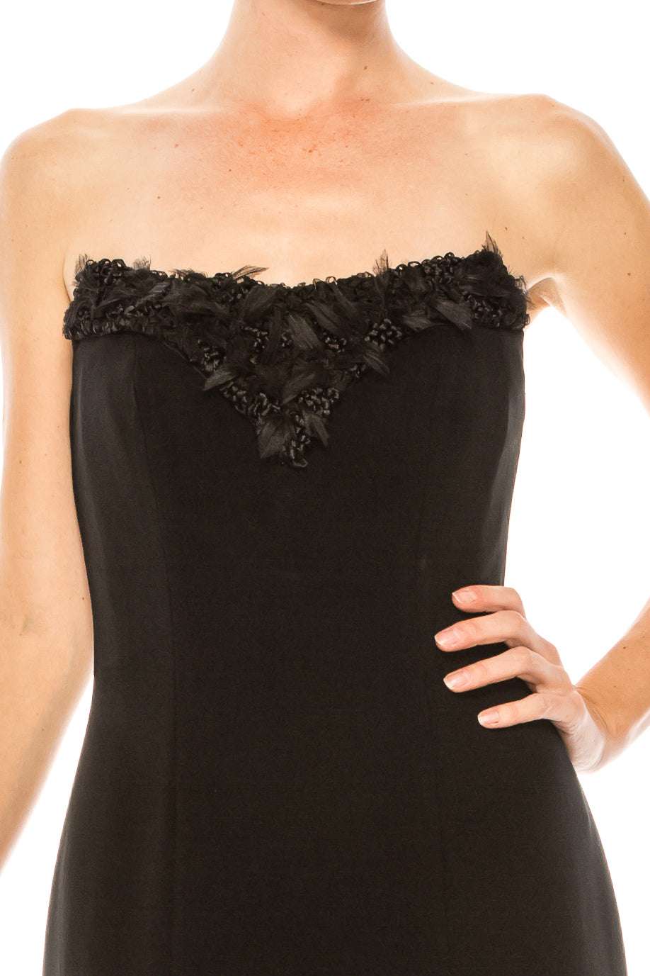 Theia Strapless Embroidered Neckline A-Line Crepe Dress