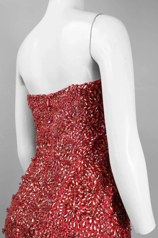Theia Strapless All Over Rhinestone Detail Zip Back Silk Mesh Dress