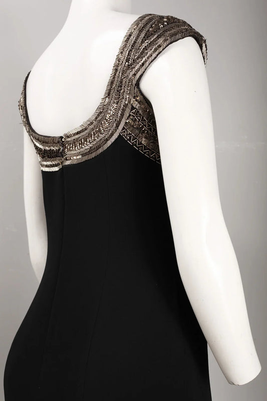 Theia Scoop Neck Mixed Bead Trim Detail High Low Crepe Dress