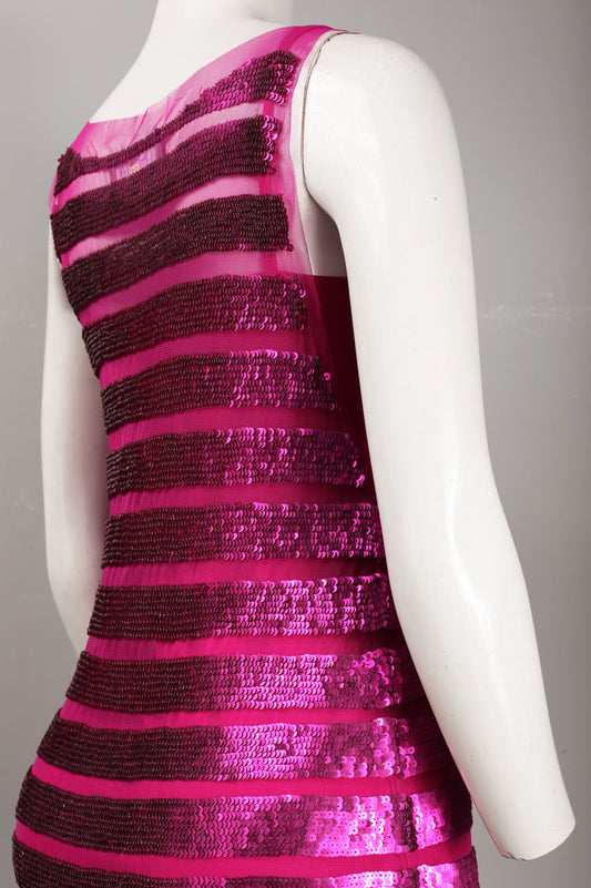 Theia Sleeveless Sequin Strip Mesh Overlay Short Dress