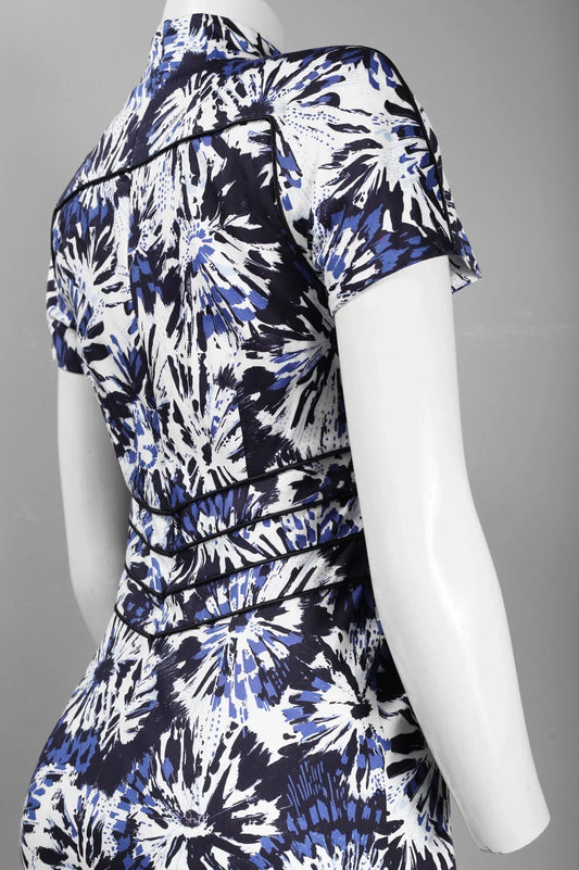 Theia Short Sleeve Piping Detail Floral Pattern Cotton Sheath Dress