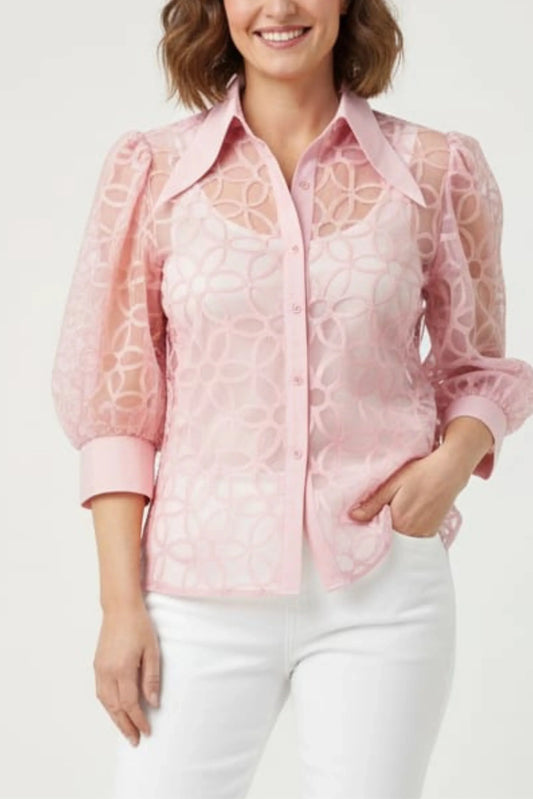 Vivid Embroidered Button Down 3/4 Puff Sleeve Top