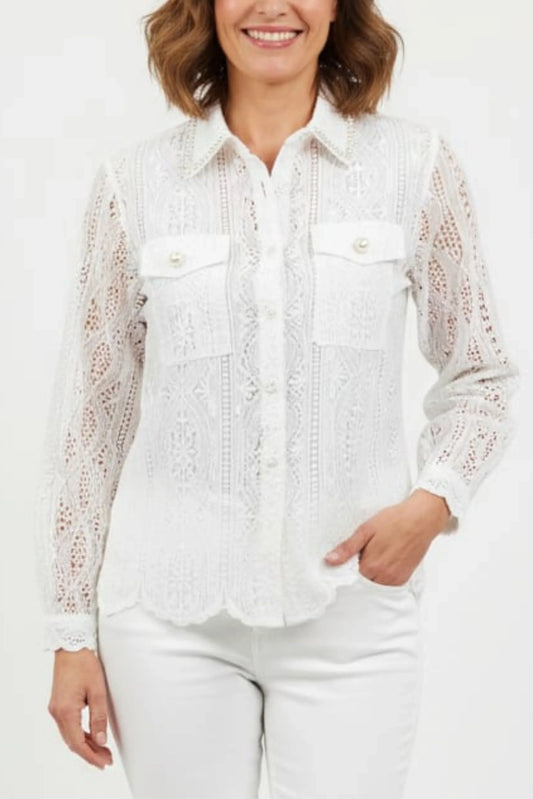 Vivid Lace Embroidery Button Down Top