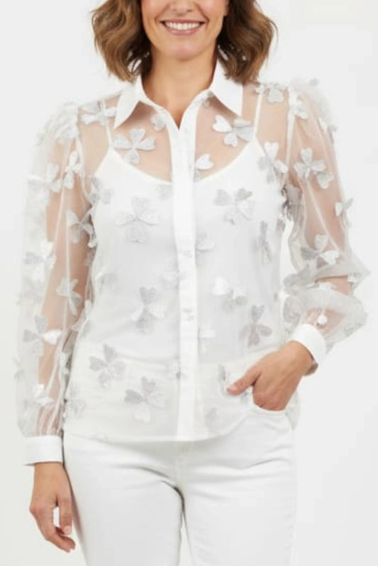 Vivid Sheer Floral Applique Button Down Top