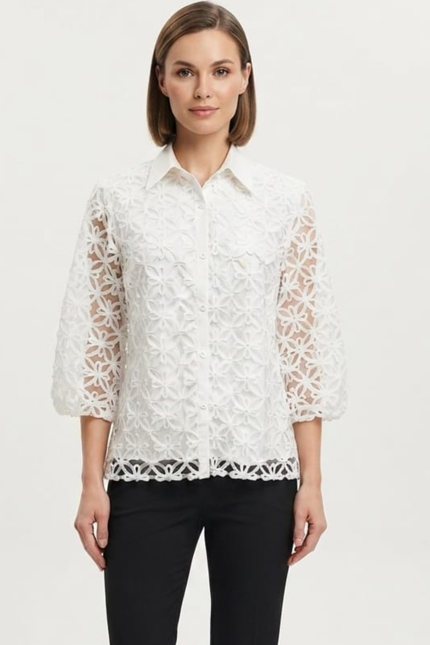 Vivid Cutout Floral Lace Button-Down Top