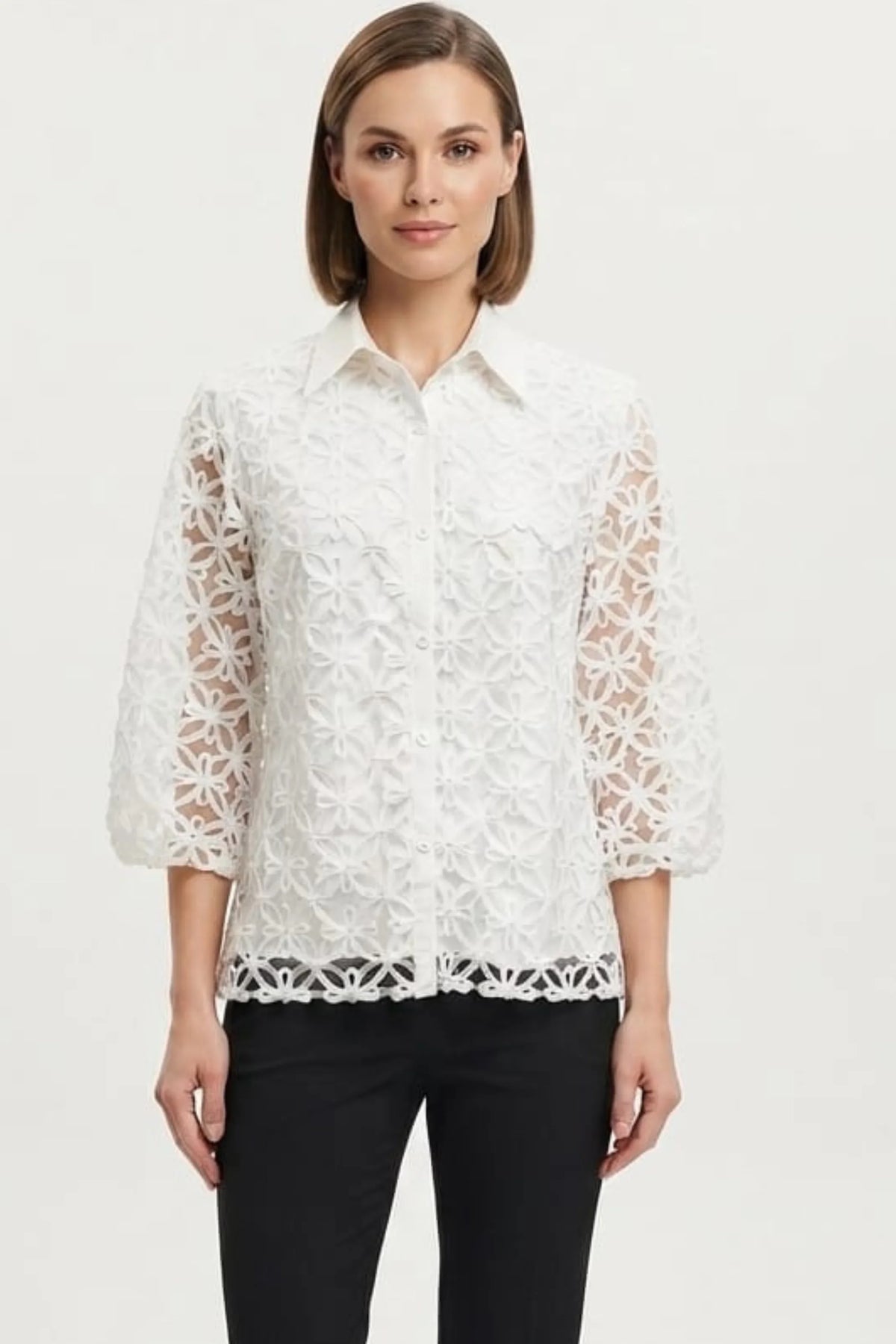 Vivid Cutout Floral Lace Button-Down Top