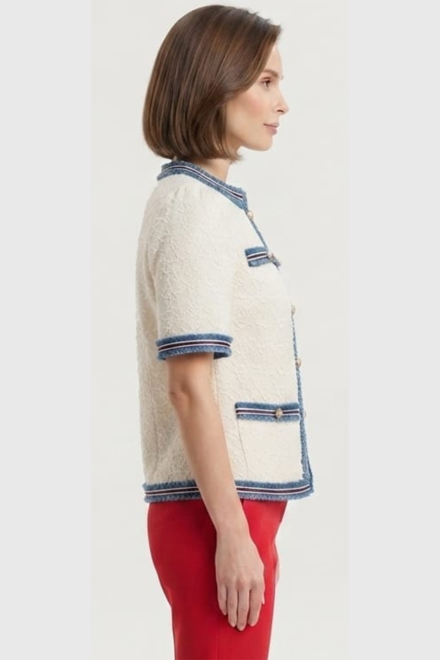 Vivid Natural Textured Lace Short-Sleeve Tweed-Style Top