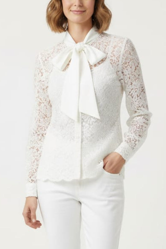 Vivid Lace Embroidery Neck Tie Button Down Top