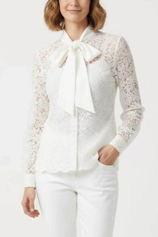 Vivid Lace Embroidery Neck Tie Button Down Top