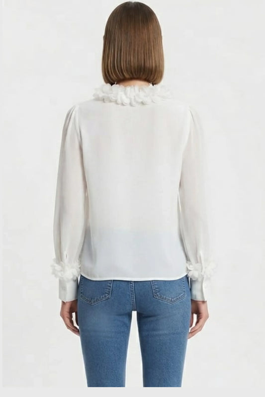 Vivid Ruffle-Trim V-Neck Button-Front Blouse