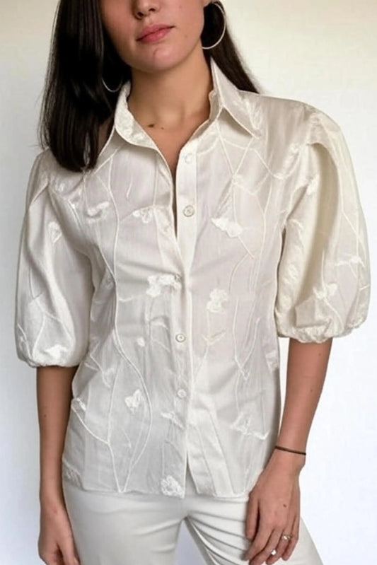 Vivid Short Puff Sleeve Button Down Top