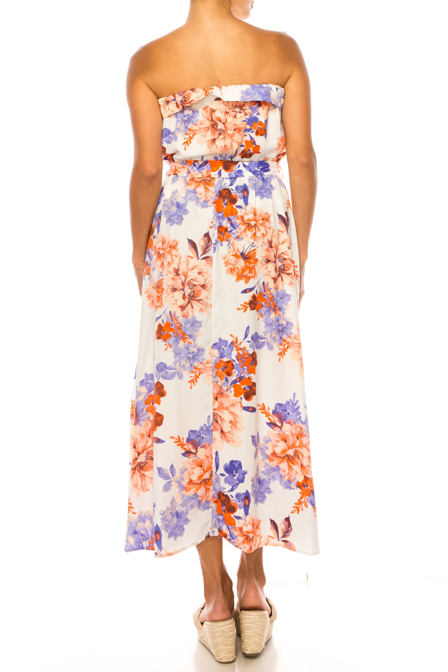 Vivid Floral Belted A-Line Strapless Maxi Dress